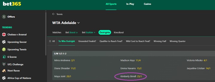 WTA Adelaide - Kimberly Birrell 25/1 Price