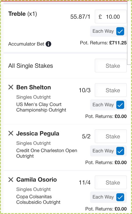 55/1 Each Way Treble on Ben Shelton, Jessica Pegula & Camila Osorio