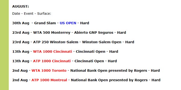The August Tennis Schedule