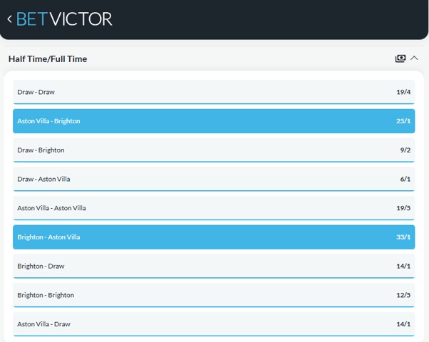 Brighton v Aston Villa - Half Time/ Full Time Market